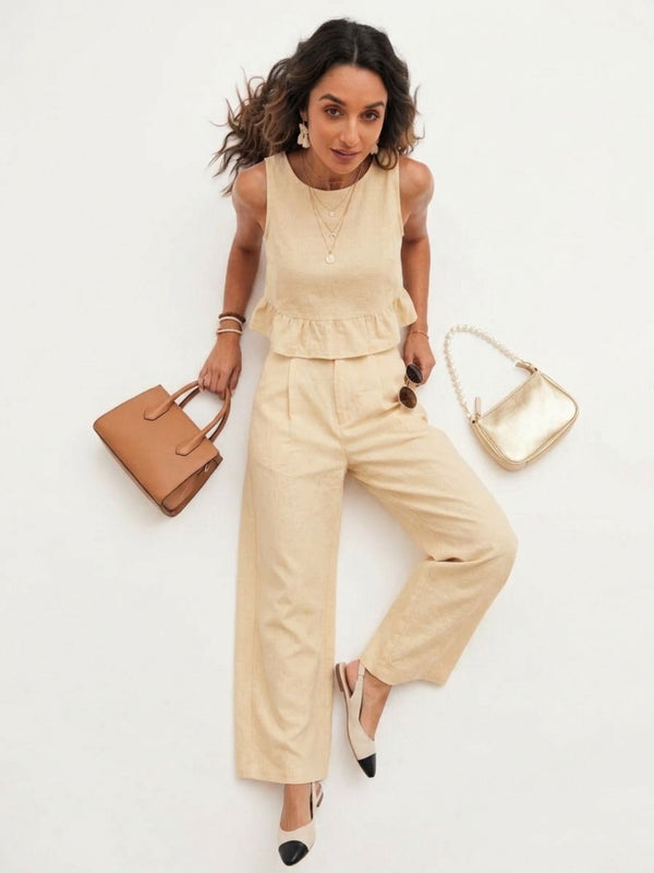 Beige peplum top and wide-leg trouser co-ord set additional image