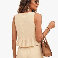 Beige peplum top and wide-leg trouser co-ord set additional image