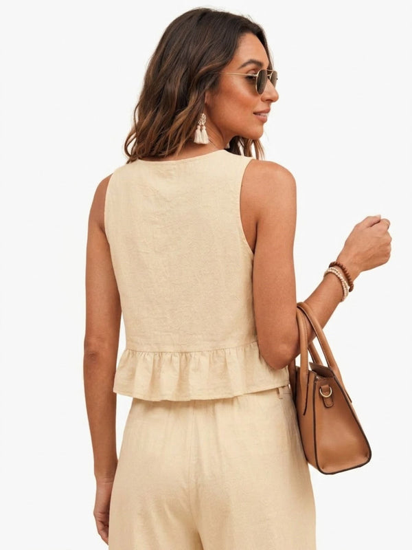 Beige peplum top and wide-leg trouser co-ord set additional image