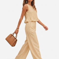 Beige peplum top and wide-leg trouser co-ord set additional image
