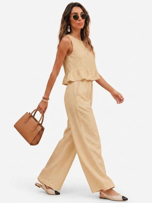 Beige peplum top and wide-leg trouser co-ord set additional image