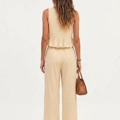 Beige peplum top and wide-leg trouser co-ord set additional image