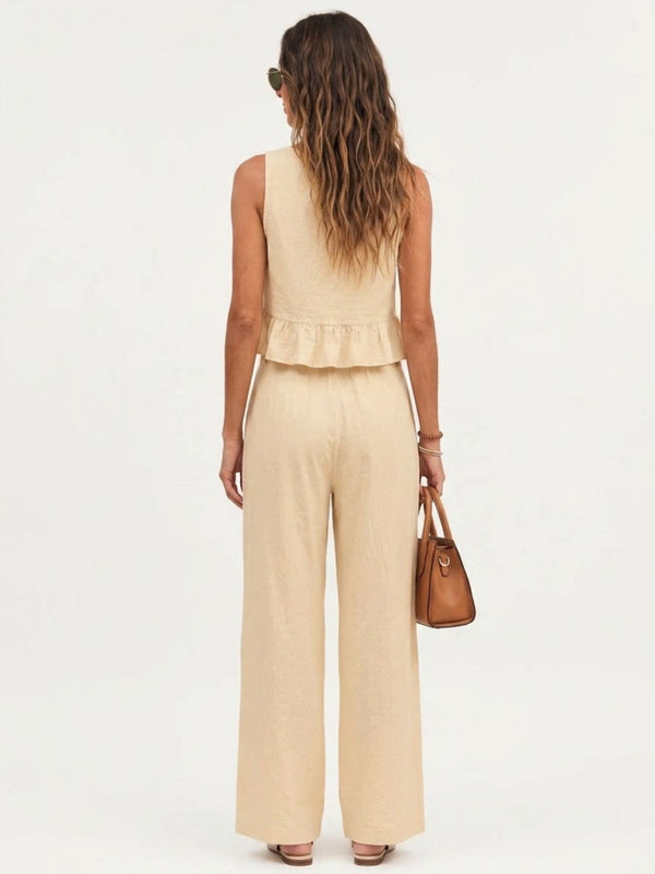 Beige peplum top and wide-leg trouser co-ord set additional image