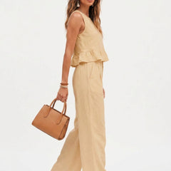 Beige peplum top and wide-leg trouser co-ord set additional image