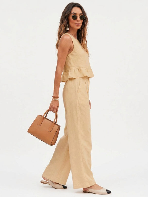Beige peplum top and wide-leg trouser co-ord set additional image