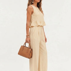 Beige peplum top and wide-leg trouser co-ord set additional image