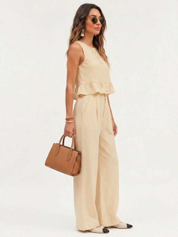 Beige peplum top and wide-leg trouser co-ord set additional image