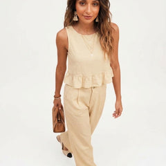 Beige peplum top and wide-leg trouser co-ord set additional image