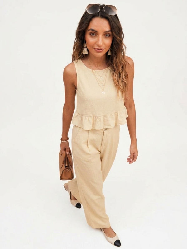 Beige peplum top and wide-leg trouser co-ord set additional image