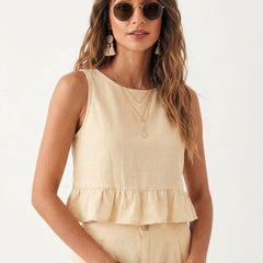 Beige peplum top and wide-leg trouser co-ord set additional image