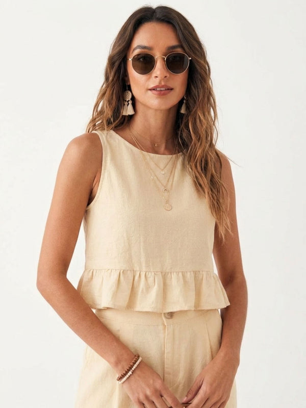 Beige peplum top and wide-leg trouser co-ord set additional image