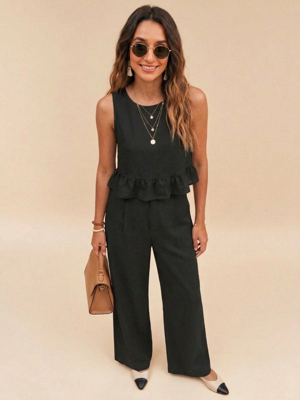 Black peplum top and wide-leg trouser co-ord set additional image