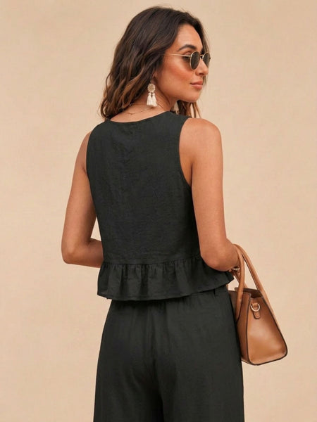 Black peplum top and wide-leg trouser co-ord set additional image