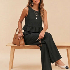 Black peplum top and wide-leg trouser co-ord set additional image