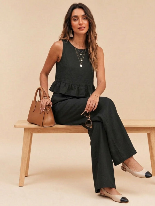 Black peplum top and wide-leg trouser co-ord set additional image
