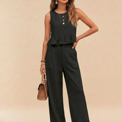 Black peplum top and wide-leg trouser co-ord set additional image
