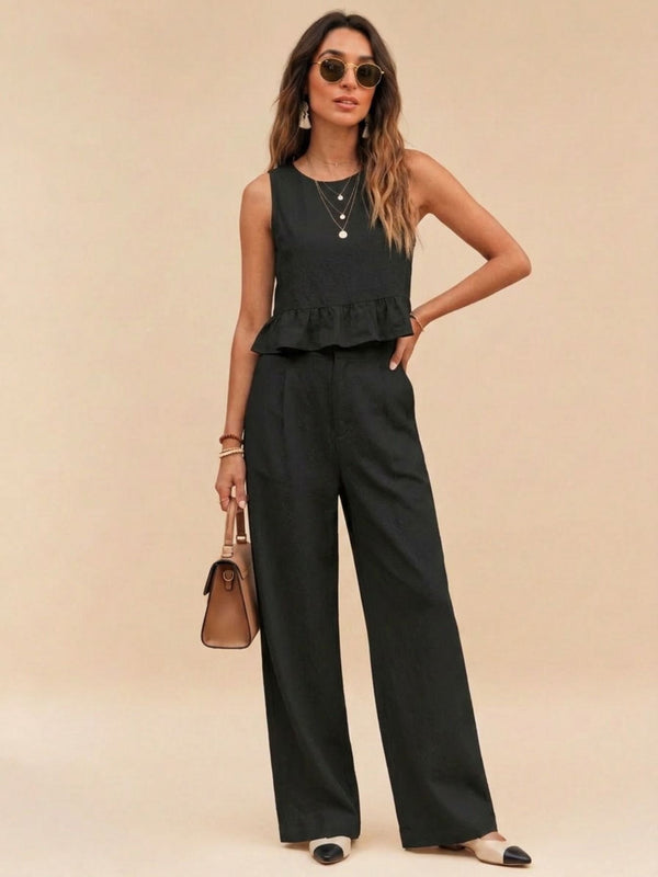 Black peplum top and wide-leg trouser co-ord set additional image