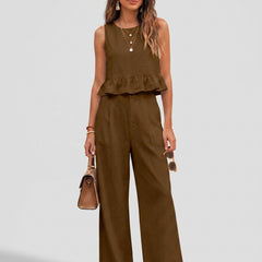 Brown peplum top and wide-leg trouser co-ord set front image