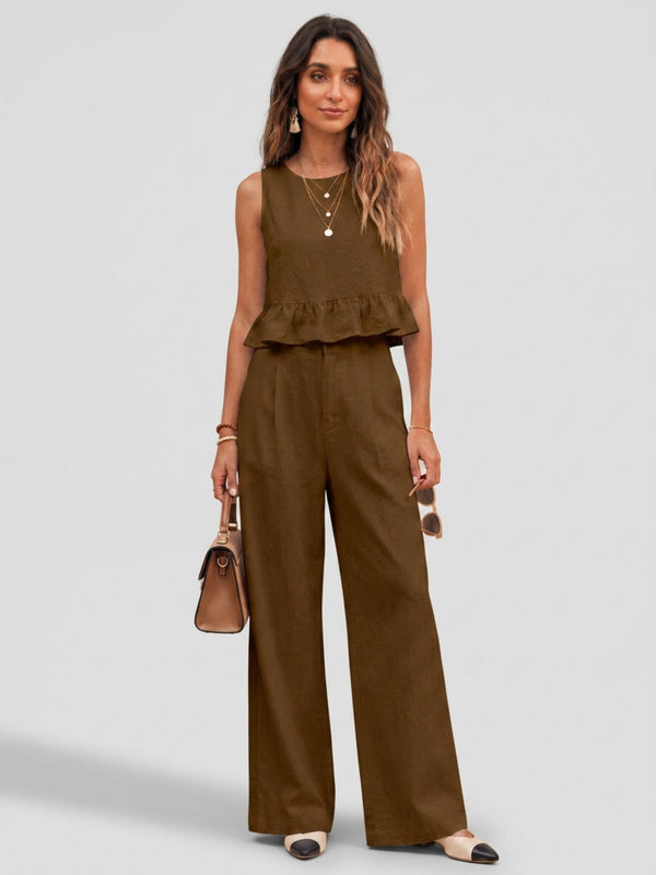 Brown peplum top and wide-leg trouser co-ord set front image