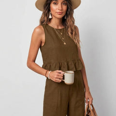 Brown peplum top and wide-leg trouser co-ord set additional image