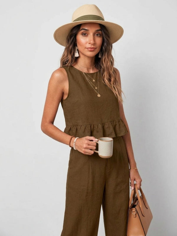 Brown peplum top and wide-leg trouser co-ord set additional image
