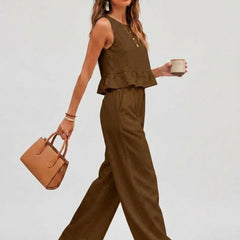 Brown peplum top and wide-leg trouser co-ord set additional image