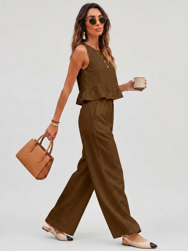Brown peplum top and wide-leg trouser co-ord set additional image