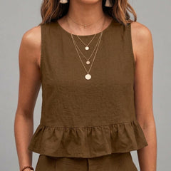 Brown peplum top and wide-leg trouser co-ord set additional image