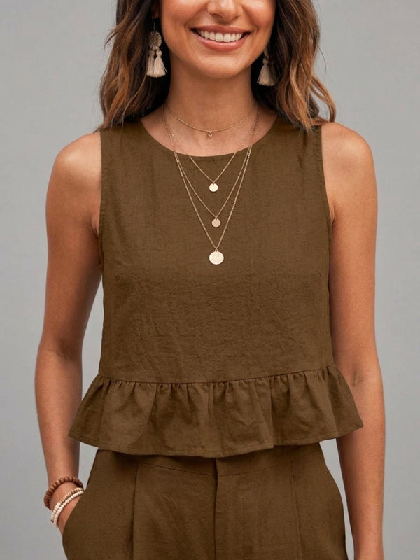 Brown peplum top and wide-leg trouser co-ord set additional image