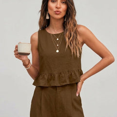 Brown peplum top and wide-leg trouser co-ord set additional image