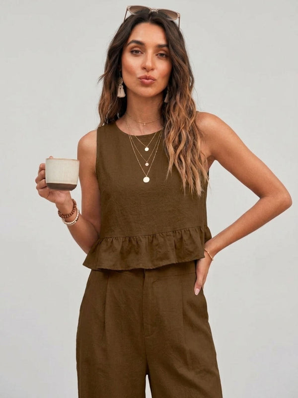 Brown peplum top and wide-leg trouser co-ord set additional image
