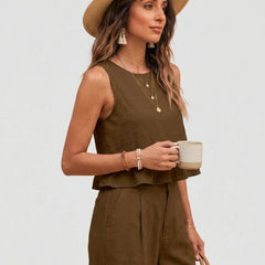 Brown peplum top and wide-leg trouser co-ord set additional image