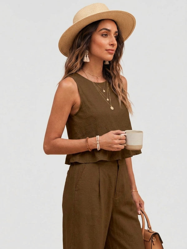 Brown peplum top and wide-leg trouser co-ord set additional image