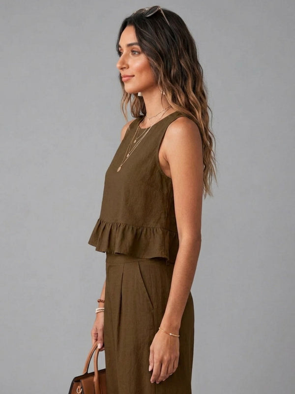 Brown peplum top and wide-leg trouser co-ord set additional image