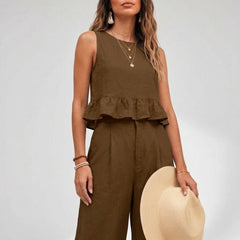 Brown peplum top and wide-leg trouser co-ord set additional image