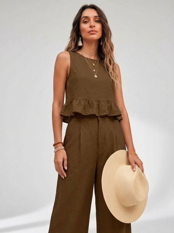 Brown peplum top and wide-leg trouser co-ord set additional image