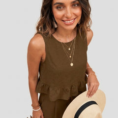 Brown peplum top and wide-leg trouser co-ord set additional image