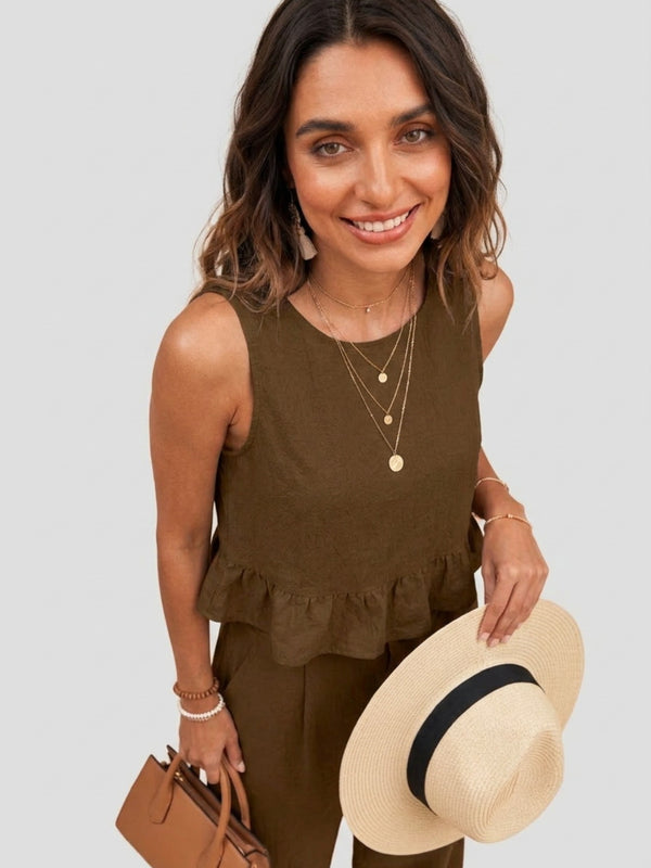 Brown peplum top and wide-leg trouser co-ord set additional image