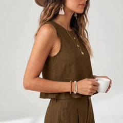 Brown peplum top and wide-leg trouser co-ord set additional image