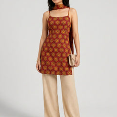 Istyle Can Women Printed Cotton Tunic, Wide-Leg Trousers & Dupatta 3-Piece Co-Ord Set - Maroon/Beige