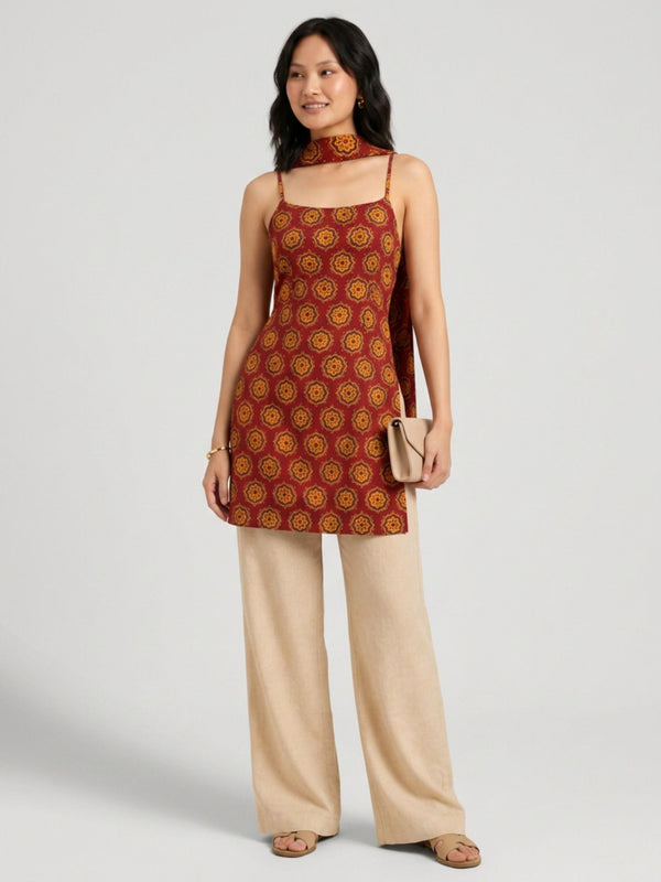 Istyle Can Women Printed Cotton Tunic, Wide-Leg Trousers & Dupatta 3-Piece Co-Ord Set - Maroon/Beige