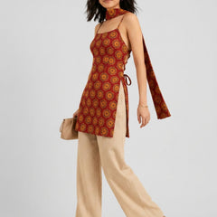 Istyle Can Women Printed Cotton Tunic, Wide-Leg Trousers & Dupatta 3-Piece Co-Ord Set - Maroon/Beige