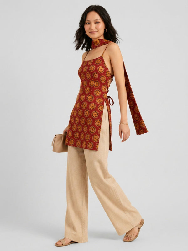 Istyle Can Women Printed Cotton Tunic, Wide-Leg Trousers & Dupatta 3-Piece Co-Ord Set - Maroon/Beige
