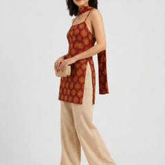 Istyle Can Women Printed Cotton Tunic, Wide-Leg Trousers & Dupatta 3-Piece Co-Ord Set - Maroon/Beige