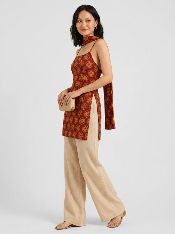 Istyle Can Women Printed Cotton Tunic, Wide-Leg Trousers & Dupatta 3-Piece Co-Ord Set - Maroon/Beige