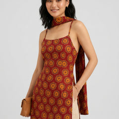 Istyle Can Women Printed Cotton Tunic, Wide-Leg Trousers & Dupatta 3-Piece Co-Ord Set - Maroon/Beige