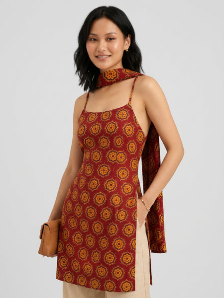 Istyle Can Women Printed Cotton Tunic, Wide-Leg Trousers & Dupatta 3-Piece Co-Ord Set - Maroon/Beige