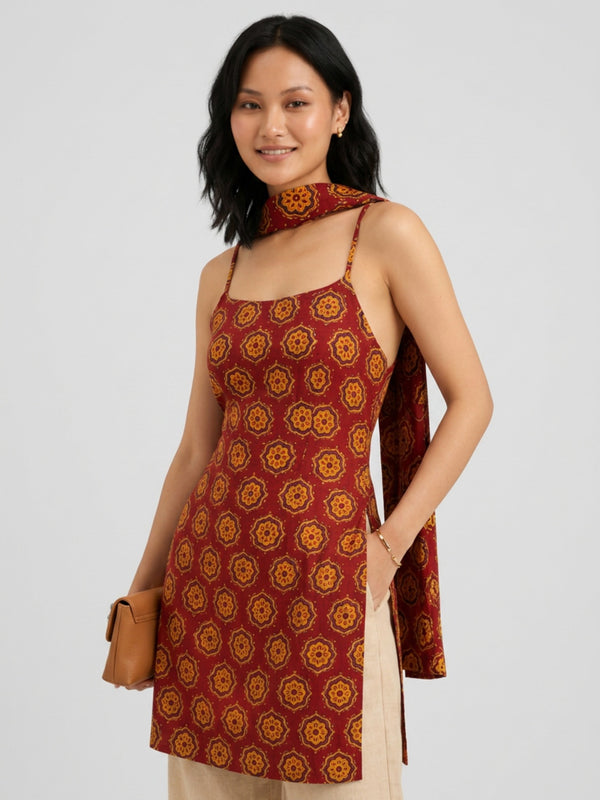 Istyle Can Women Printed Cotton Tunic, Wide-Leg Trousers & Dupatta 3-Piece Co-Ord Set - Maroon/Beige