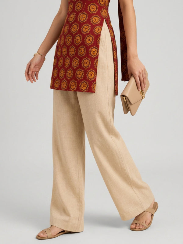 Istyle Can Women Printed Cotton Tunic, Wide-Leg Trousers & Dupatta 3-Piece Co-Ord Set - Maroon/Beige