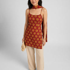 Istyle Can Women Printed Cotton Tunic, Wide-Leg Trousers & Dupatta 3-Piece Co-Ord Set - Maroon/Beige